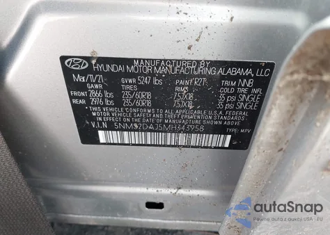 2021 Hyundai Santa Fe Sel from USA, damaged, VIN 5NMS2DAJ5MH343958